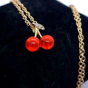 Iridescent Red Cherry 🍒 Charm Necklace Dainty Gold Chain Fruit Pendant CZ NEW